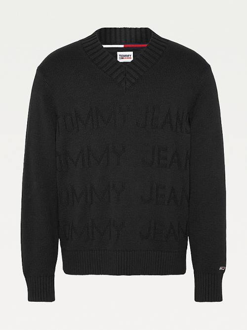 Tommy Hilfiger Tonal Logo V-Neck Jumper Truien Heren Zwart | TH821VBF