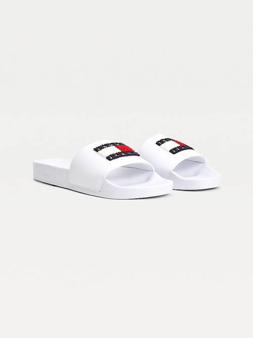 Tommy Hilfiger Towelling Tommy Badge Slides Sandalen Dames Wit | TH830DEH