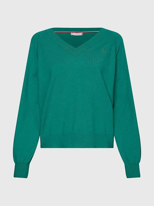 Tommy Hilfiger V-Neck Puff Sleeve Relaxed Fit Jumper Truien Dames Groen | TH376UKP