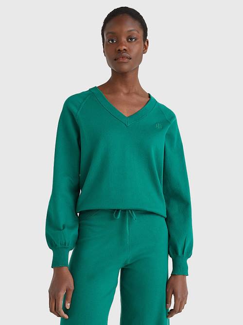 Tommy Hilfiger V-Neck Puff Sleeve Relaxed Fit Jumper Truien Dames Groen | TH376UKP