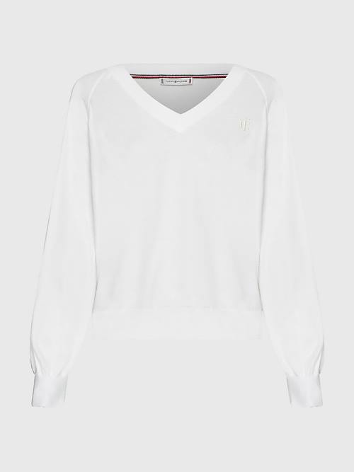 Tommy Hilfiger V-Neck Puff Sleeve Relaxed Fit Jumper Truien Dames Wit | TH456DJE