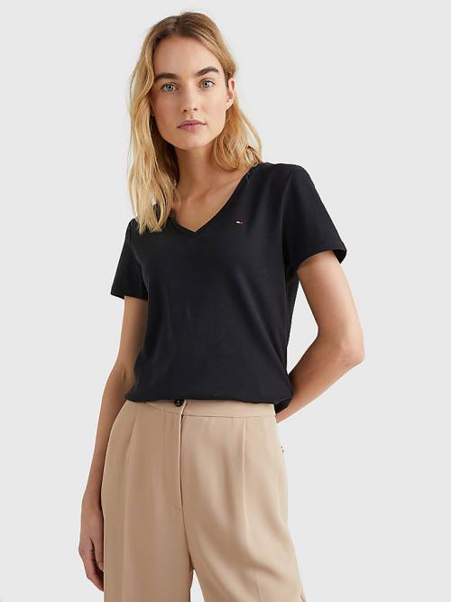 Tommy Hilfiger V-Neck Slim Fit T-shirts Dames Zwart | TH186VUS