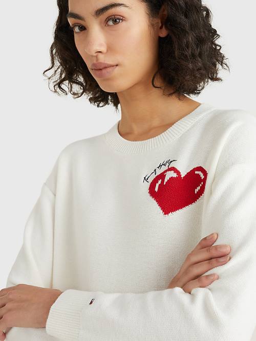 Tommy Hilfiger Valentines Heart Organic Katoenen Jumper Truien Dames Wit | TH273WAG