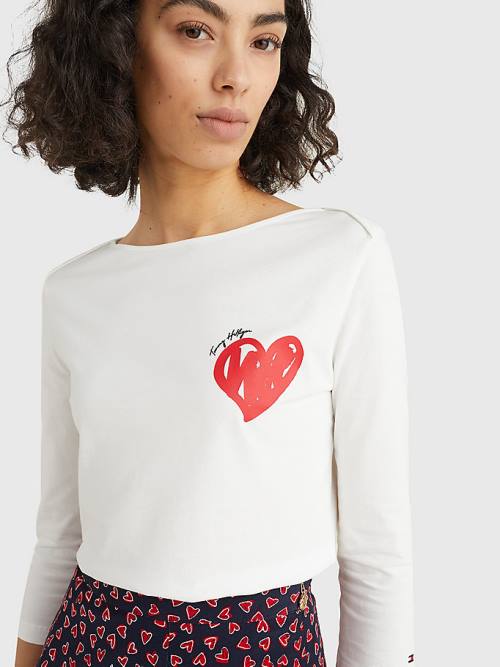 Tommy Hilfiger Valentines Heart Print Boot Neck T-shirts Dames Wit | TH154JQR