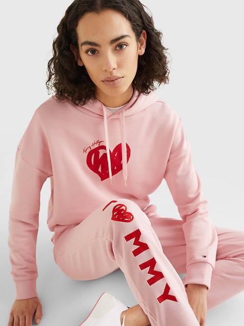 Tommy Hilfiger Valentines Heart Print Terry Joggers Broek Dames Roze | TH294CXA