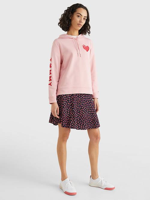 Tommy Hilfiger Valentines Heart Print Terry Hoodie Dames Roze | TH921EDT