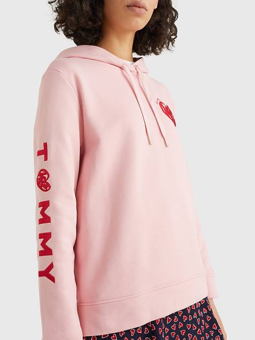 Tommy Hilfiger Valentines Heart Print Terry Hoodie Dames Roze | TH921EDT