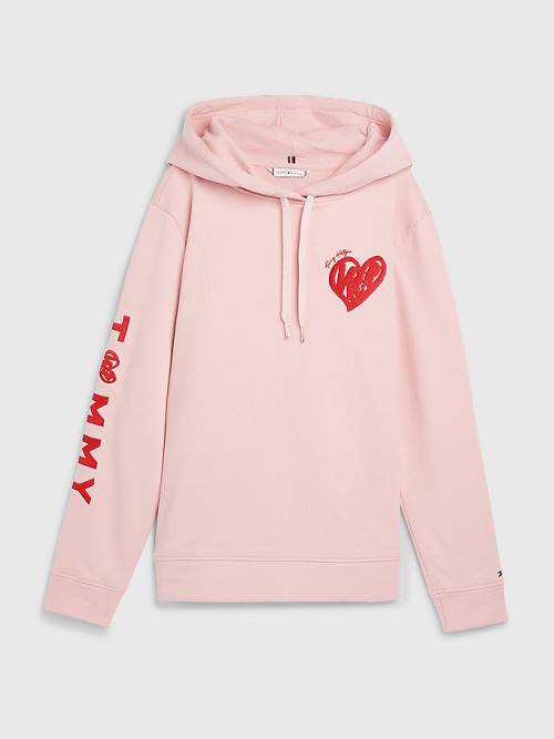 Tommy Hilfiger Valentines Heart Print Terry Hoodie Dames Roze | TH921EDT