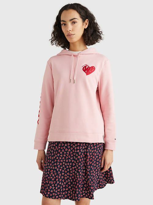 Tommy Hilfiger Valentines Heart Print Terry Hoodie Dames Roze | TH921EDT