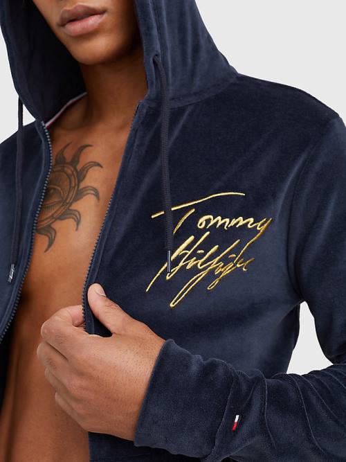 Tommy Hilfiger Velour Signature Logo Pyjamas Heren Blauw | TH961GKB