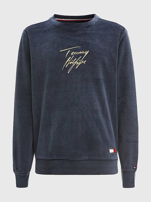 Tommy Hilfiger Velour Signature Logo Sweatshirt Pyjamas Heren Blauw | TH160GRU