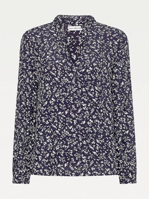 Tommy Hilfiger Viscose Floral Regular Fit V-Neck Blouse Dames Blauw | TH916USM