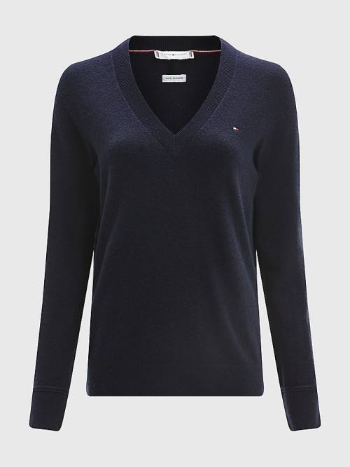 Tommy Hilfiger Wool Cashmere V-Neck Jumper Truien Dames Blauw | TH169POK