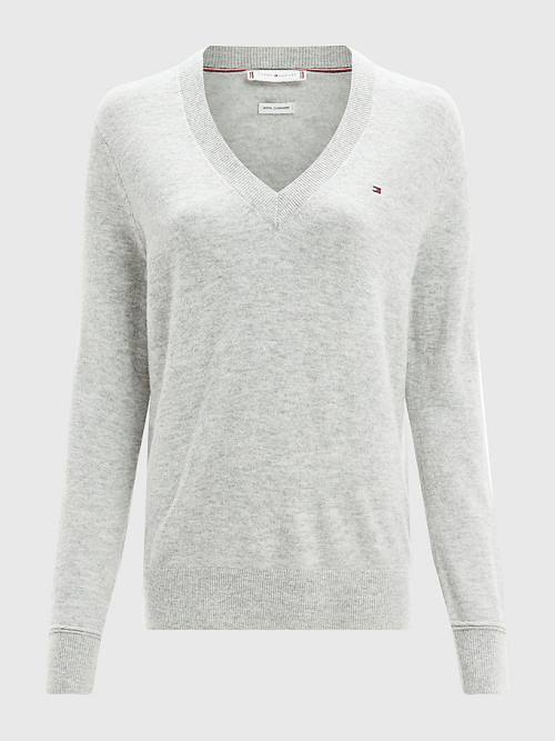 Tommy Hilfiger Wool Cashmere V-Neck Jumper Truien Dames Grijs | TH193NPH